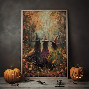 Beautiful Three Witches Amongst The Wildflowers Poster, Vintage Witches Prints, Halloween Decoration, Dark Academia, Cottagecore Art