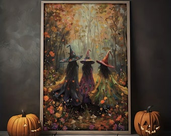 Beautiful Three Witches Amongst The Wildflowers Poster, Vintage Witches Prints, Halloween Decoration, Dark Academia, Cottagecore Art