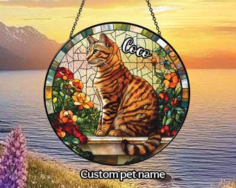 Custom Name Tabby Cat Glass Suncatcher, Cat Glass Art, Tabby Cat Ornament, Cat Window Hangings, Gift For Cat Mom