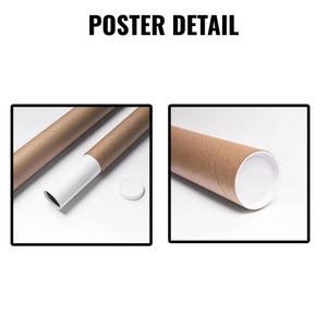 May include: Two close-up images of poster tubes. The tubes are made of brown cardboard with white plastic end caps. One tube is open, revealing the interior. The text "POSTER DETAIL" is at the top.
