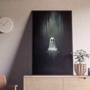 May include: A digital painting of a white ghost sitting on a swing in a dark forest. The ghost has two black eyes and a faint smile.