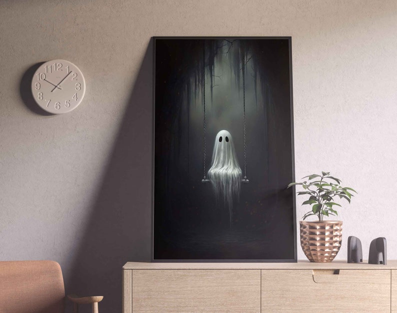 May include: A digital painting of a white ghost sitting on a swing in a dark forest. The ghost has two black eyes and a faint smile.