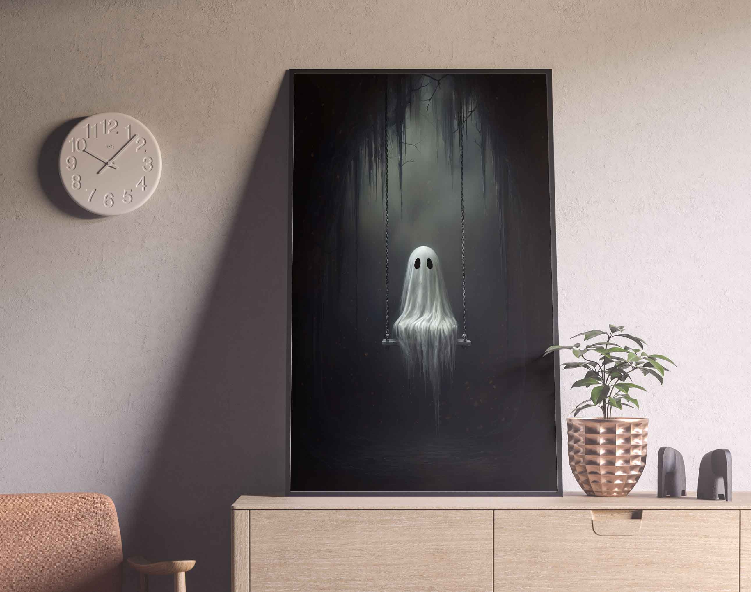 Ghost on the Swing Poster, Sheeted Ghost Art Print, Cute Little Ghost ...