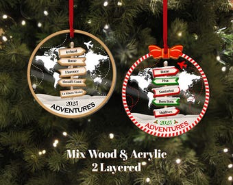 Customized Travel Adventures 2024 Ornament, Christmas Travel Signpost Ornament, Personalized Traveling Destination Ornament, Christmas Decor