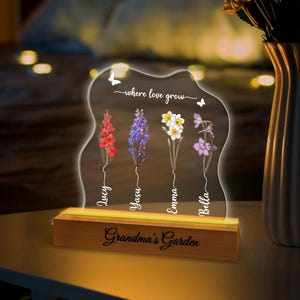 Customized Grandma&#39;s Garden Birth Month Flower Night Light, Family Birth Month Flowers Led Light, Mother&#39;s Day Gift