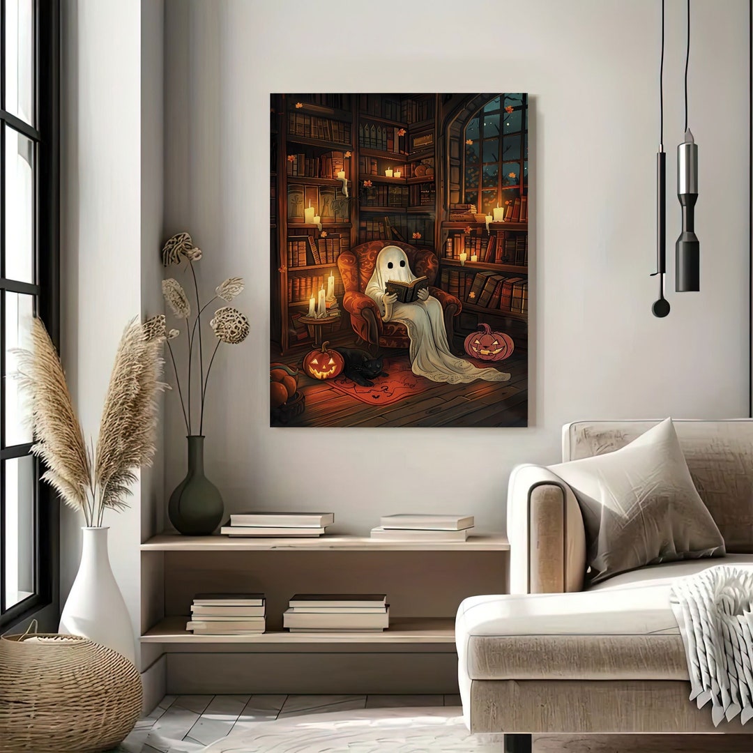 Cute Ghost Reading Book Poster, Halloween Ghost Book Prints, Victorian ...