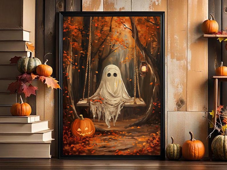 May include: A framed Halloween-themed painting depicts a ghost on a swing in a forest with autumn leaves. A carved pumpkin sits in front of the painting. Pumpkins and fall foliage are arranged around the painting, creating a seasonal display.
