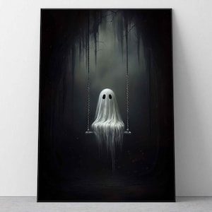 May include: A white ghost figure sits on a swing in a dark, shadowy forest setting. The ghost has a faint, ethereal glow and appears to be floating.