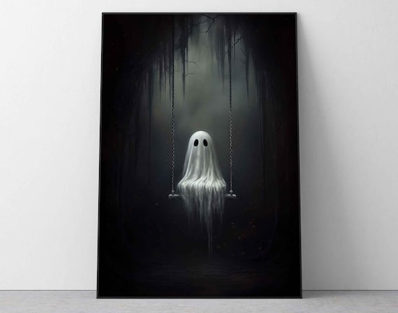 Ghost On The Swing Poster, Sheeted Ghost Art Print, Cute Little Ghost Face Spooky Gothic Printable, Abandoned Art, Dark Academia Room Decor