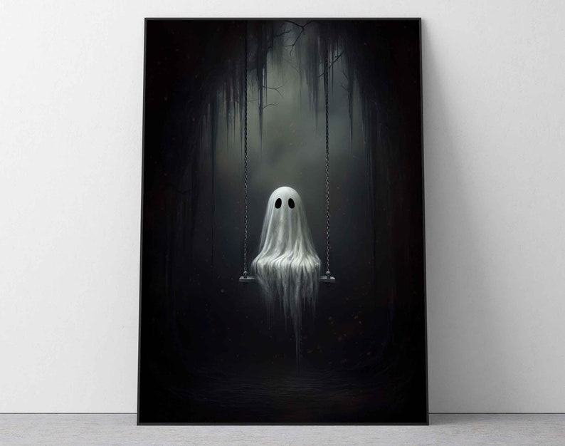 May include: A white ghost figure sits on a swing in a dark, shadowy forest setting. The ghost has a faint, ethereal glow and appears to be floating.