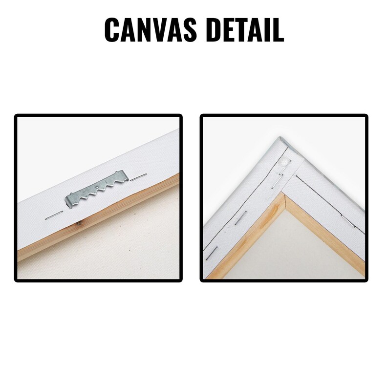 May include: Two close-up images showing canvas detail. The left image shows a metal sawtooth hanger attached to the wooden frame. The right image shows the corner of a canvas, with staples securing the canvas to the wooden frame.