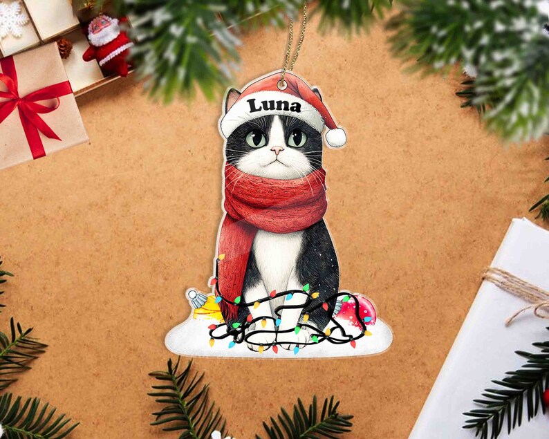 Christmas Tuxedo Cat Ornament, Personalized Name Cat Ornament ...