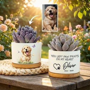 May include: Two white ceramic planters with succulents, each on a bamboo coaster. One planter features a golden retriever illustration with butterflies. The other reads "YOU LEFT PAW PRINTS ON MY HEART" with a paw print, heart, and the name "Oliver" and dates.