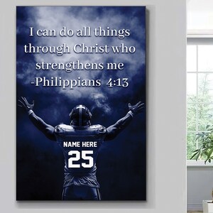May include: A blue and white sports jersey with the number 25 on the front. The jersey has the text "NAME HERE" above the number. The background is a dark blue sky with clouds. The text "I can do all things through Christ who strengthens me - Philippians 4:13" is at the top of the image.