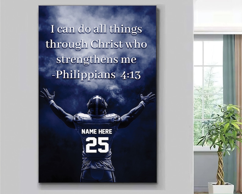 May include: A blue and white sports jersey with the number 25 on the front. The jersey has the text "NAME HERE" above the number. The background is a dark blue sky with clouds. The text "I can do all things through Christ who strengthens me - Philippians 4:13" is at the top of the image.