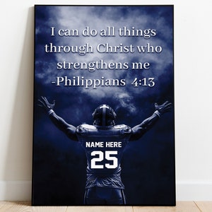 Personalized Football Player Poster, Christian Football Wall Art Print, Football Gift for Dad, Husband, Son, Father&#39;s Day Gift
