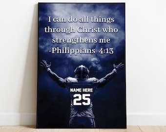 Personalized Football Player Poster, Christian Football Wall Art Print, Football Gift for Dad, Husband, Son, Father's Day Gift