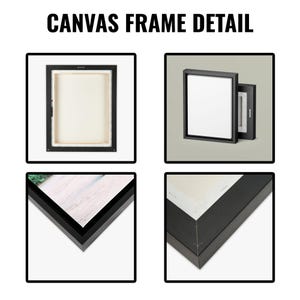 May include: Image showcasing canvas frame details. Four separate views display black frames with white canvas and corner construction. The text "CANVAS FRAME DETAIL" is at the top of the image.