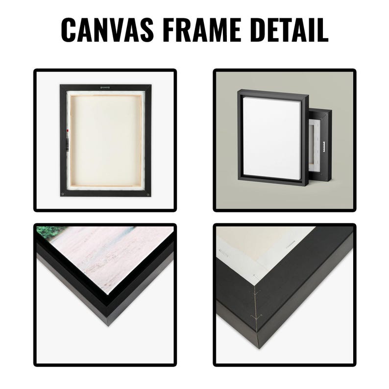 May include: Image showcasing canvas frame details. Four separate views display black frames with white canvas and corner construction. The text "CANVAS FRAME DETAIL" is at the top of the image.