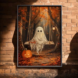 May include: A framed Halloween-themed painting depicts a ghost on a swing in a forest with autumn leaves. A carved pumpkin sits on the ground. The color palette includes orange, brown, and white.