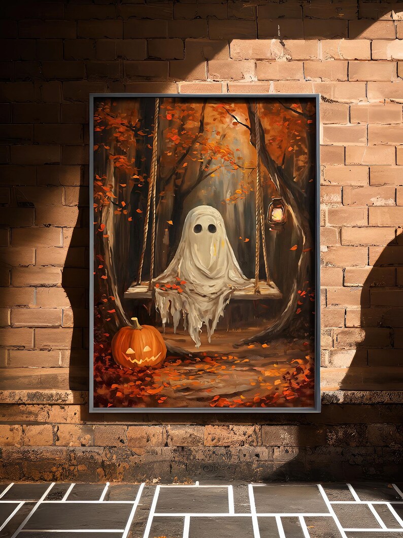 May include: A framed Halloween-themed painting depicts a ghost on a swing in a forest with autumn leaves. A carved pumpkin sits on the ground. The color palette includes orange, brown, and white.