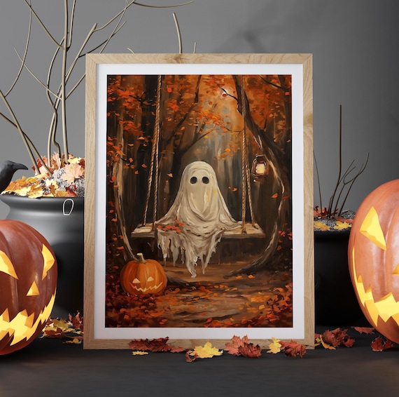 Ghost On The Swing Poster, Dark Academia Spooky Wall Art, Halloween Ghost Boo Poster, Halloween Decor, Cottagecore Decor, Goth Decor