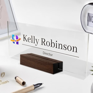Personalized Company Logo, Desk Name Plate Wooden Acrylic, Custom Name And Title Desk Accessories, Custom Logo, Office Nameplate