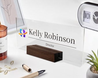 Personalized Company Logo, Desk Name Plate Wooden Acrylic, Custom Name And Title Desk Accessories, Custom Logo, Office Nameplate