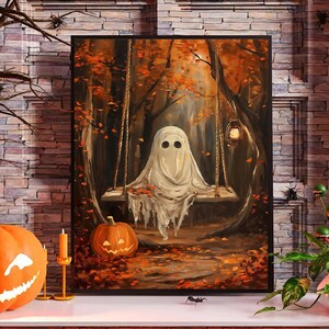 May include: A Halloween-themed artwork depicts a ghost on a swing in a forest with autumn foliage. An orange jack-o'-lantern and a lit candle are in the foreground. The painting is framed and set against a brick wall, with decorative spiders.