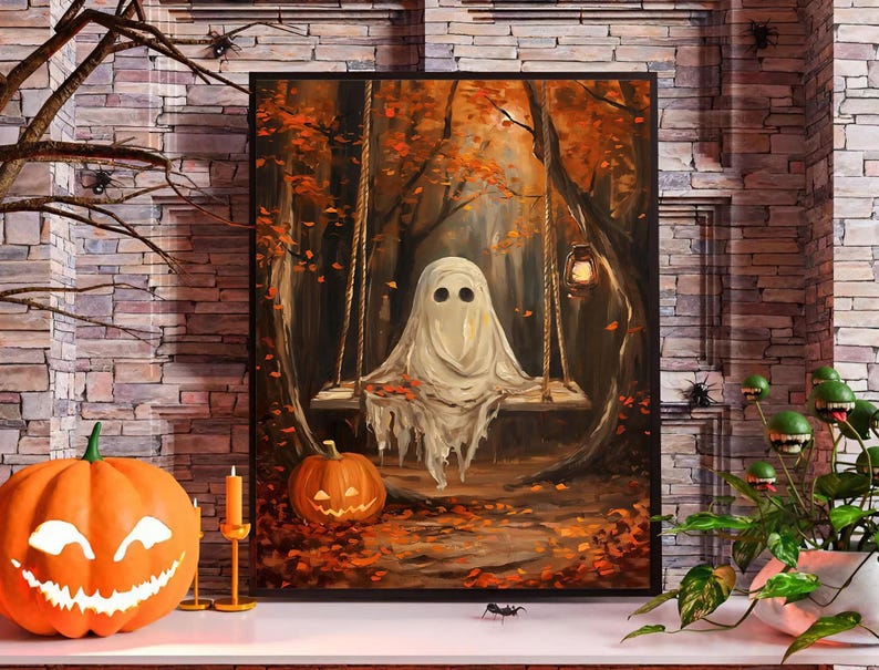May include: A Halloween-themed artwork depicts a ghost on a swing in a forest with autumn foliage. An orange jack-o'-lantern and a lit candle are in the foreground. The painting is framed and set against a brick wall, with decorative spiders.