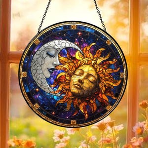 Sun And Moon Glass Suncatcher, Sun Face Moon Suncatcher, Celestial Harmony Window Decor, Mystical Decor, Boho Home Decor