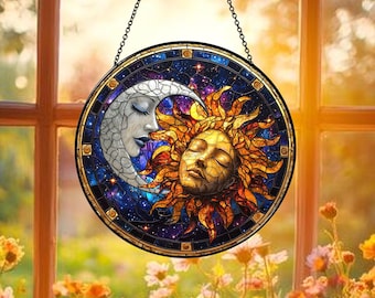 Sun And Moon Glass Suncatcher, Sun Face Moon Suncatcher, Celestial Harmony Window Decor, Mystical Decor, Boho Home Decor