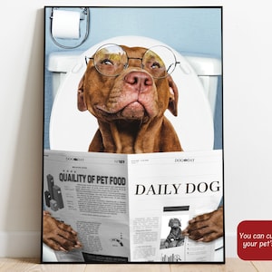 Personalized Dog Read Newspaper Poster, Customized Pet Portrait Print, Dog in Toilet, Funny Animal in Tub, Bathroom Art Decoration