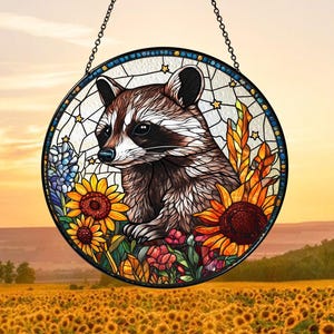 Raccoon Glass Suncatcher, Raccoon and Wildflowers Glass Art, Trash Panda Sun Catcher Window Hangings, Raccoon Lover Gift,