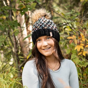 Womens Knitted Hearts Poppin Beanie, 100% Merino Wool Luxury Knitted Hat with Removable Faux Fur Pom Pom, Handmade Gift, Gift for her
