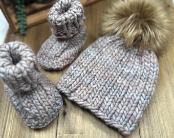Handmade Baby Beanie and Booties, 6-12 Month Baby Gift Set, Baby Hat, Baby Booties, Matching Baby Set