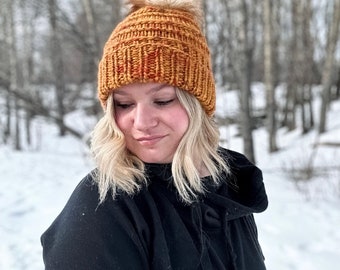 Women's Hand Knit Pom Pom Hat, The Winding Ridge Beanie, Lightweight Hand Knit Toque, Warm Cozy Winter Accessory, DHG Piuma