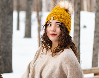 Women's Hand Knit Gales Of November Beanie, Handmade Hat, Knitted Toque, 100% Merino Wool Knitted Hat with Removable Faux Fur Pom