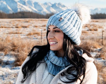 The Resurgence Beanie + Cowl Set, Hand Knit Adult Beanie and Cowl, Women's Handmade Hat, Handmade Cowl, Knitted Beanie with Pom Pom