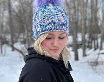 Women's Hand Knitted Hat, Warm Winter Hat, Chunky Knit Cable Beanie, Cute Winter Accessory, Luxury Merino Wool Beanie With Removable Pom Pom
