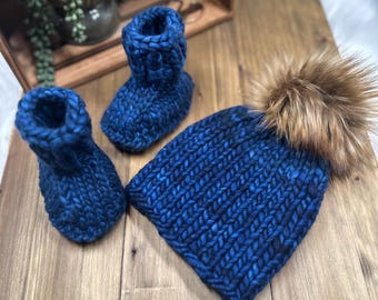 Handmade Baby Beanie and Booties, 6-12 Month Baby Gift Set, Baby Hat, Baby Booties, Matching Baby Set