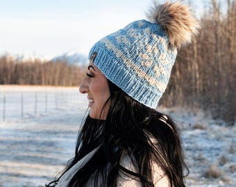 Teen/ Adult Sized Hand Knit Beanie, Snowflake Beanie, Knitted Nordic Snowflake Hat, Handmade Gift, Nordic Knit Hat, Winter Snowflake Hat