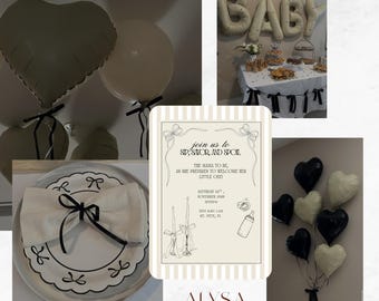 Baby Shower Invitation, Cream and Black Ribbon Design, Simple & Dainty  (Editable Canva Template)