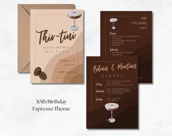Bikinis and Martinis Invitation, Itinerary, Packing List, Espresso Martini, Editable Canva Template, 30th Birthday Party, Tini Bit Older