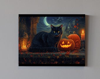 Moonlit Watcher Black Cat, Halloween Decor, Goth Wall Art, Autumn Home Accent, Spooky Seasonal Gift, Dark Gothic Illustration