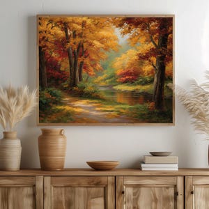 Vintage Autumn Forest Path, Rustic Golden Trees Wall Art, Cozy Cottagecore Print, Earthy Landscape Decor, Fall Nature Scene Painting