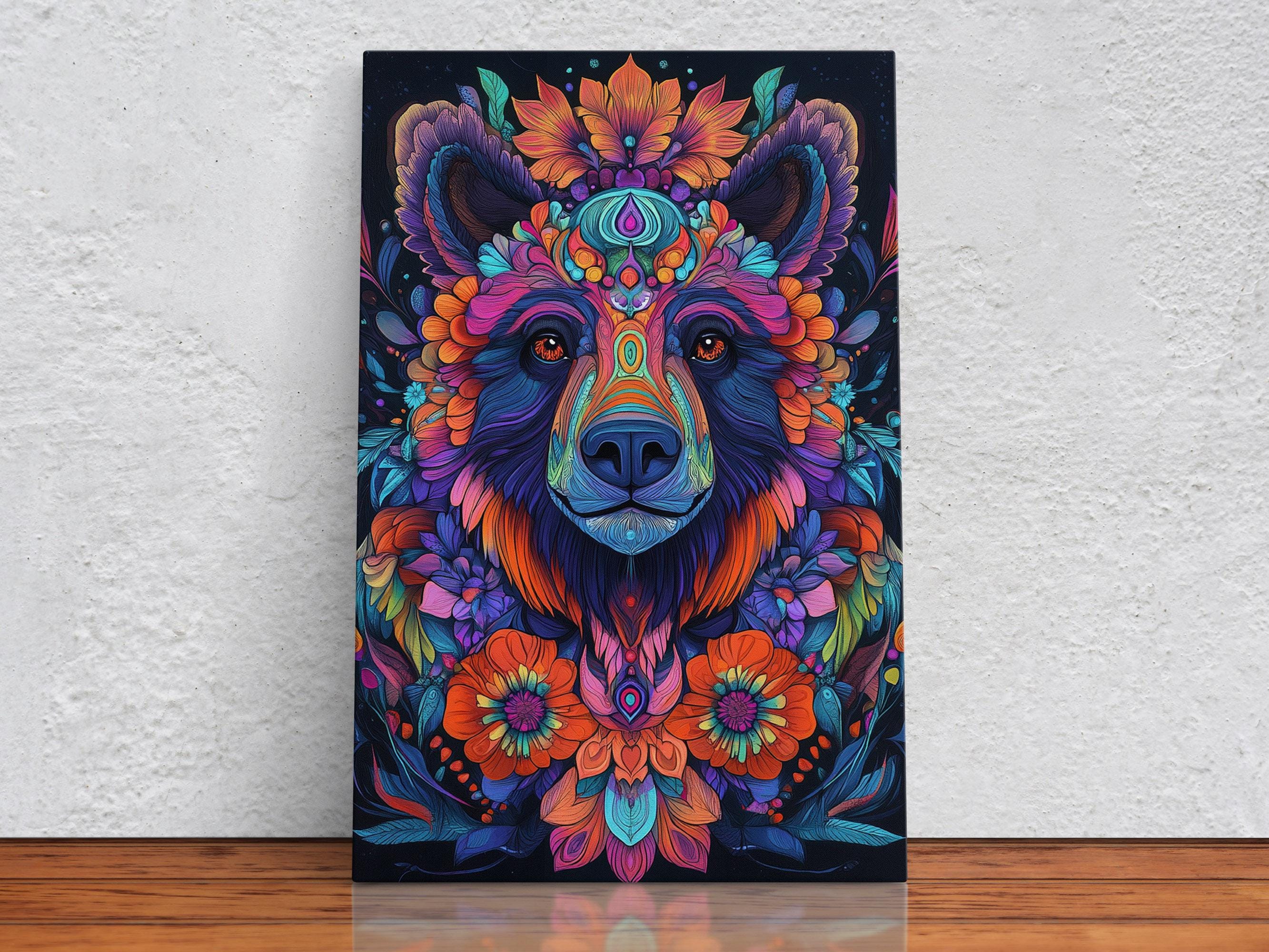 Alebrije Bright Bear Art Print, Dia de Muertos Canvas, Vibrant Folklore Decor, Festive Mexican Wall Hanging, Housewarming Gift