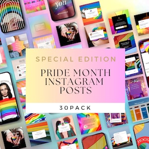May include: A collection of 30 Instagram post templates featuring rainbow colors and pride month themes. The text "SPECIAL EDITION PRIDE MONTH INSTAGRAM POSTS 30PACK" is displayed in a large font on a pink and yellow background.