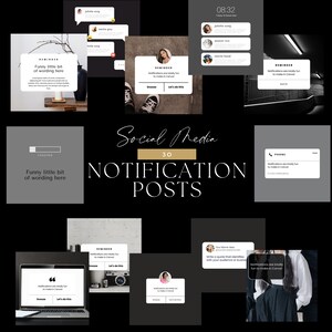 Könnte beinhalten: Eine Sammlung von 30 Social-Media-Benachrichtigungsbeiträgen mit einem schwarzen und goldenen Farbschema. Die Beiträge zeigen verschiedene Designs, darunter ein Telefon, einen Laptop, eine Kamera und eine Person. Der Text auf den Beiträgen enthält die Wörter "Social Media", "Benachrichtigungsbeiträge", "Lustiger kleiner Text hier", "Benachrichtigungen machen in Canva richtig Spaß" und "Lass uns das machen".