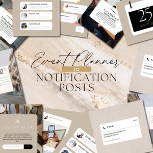 May include: A collage of images with a gold glitter background. The text "Event Planner 10 Notification Posts" is in the centre of the image. The images include a calendar with the number 25, a phone with a notification, and a woman holding a phone.